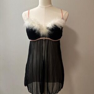 Y2K Inner Secrets Black Shimmer Babydoll Slip Dress  Faux Feather size Women's M